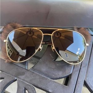 Saint Laurent Mink Fur Classic 11 Shields Sunglasses Gold and Brown.